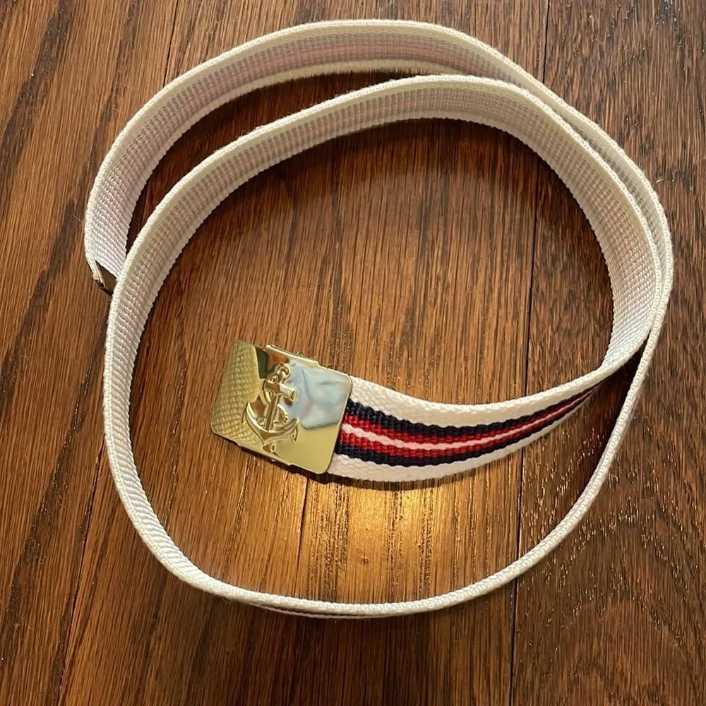 Vtg 80s red, white & navy blue canvas‎ belt with gold anchor military type clasp
